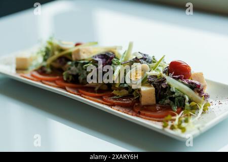 Salade aux herbes, fromage à pâte dure, olives, tomates cerises, oignons, concombres et laitue Banque D'Images