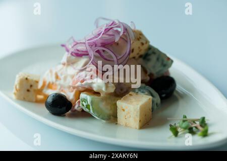 Salade aux herbes, fromage à pâte dure, olives, tomates cerises, oignons, concombres et laitue Banque D'Images