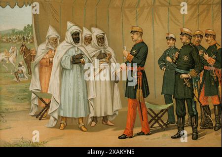 Guerre hispano-marocaine (1859-1860). Le général O'Donnell (1809-1867) impose le traité de paix à Muley el-Abbas, frère du sultan du Maroc, pour mettre fin à la guerre. Chromolithographie. 'Historia General de Espana' (histoire générale de l'Espagne), par Miguel Moryata. Volume VIII Madrid, 1894. Banque D'Images