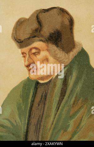 Erasmus (c. 1466-1536). Théologien, philosophe et humaniste néerlandais. Portrait. Chromolithographie. Historia Universal, par Cesar Cantu. Volume VIII publié à Barcelone, 1886. Banque D'Images