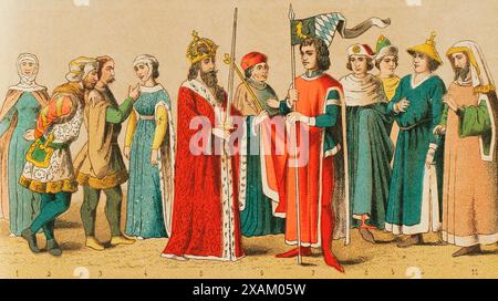 Histoire de l'Allemagne. Moyen âge. 1400-1450. De gauche à droite, 1 : Dame, 2-3 : nobles, 4 : Dame, 5 : Empereur Sigismond, 6 : électeur ecclésiastique, 7 : Duc de Bavière, 8-9 : costumes universitaires, 10-11 : Juifs. Chromolithographie. Historia Universal, de Cesar Cantu. Volume VII, 1881. Banque D'Images