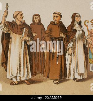 Histoire de l'Italie. 1200. De gauche à droite, 1 : moine dominicain, 2 : frère augustinien, 3 : frère franciscain, 4 : religieuse dominicaine. Chromolithographie. Historia Universal, de Cesar Cantu. Volume VI, 1885. Banque D'Images
