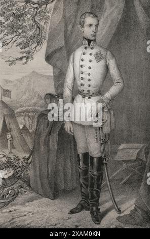 Portrait du jeune Ferdinand Maximilien d'Autriche (1832-1867), archiduc d'Autriche. Il renonce à son titre pour devenir empereur du Mexique (1864-1867) sous le nom de Maximilien I. dessin de C. Legrand. Lithographie de J. Donon. Reyes Contemporaneos. Volume I. publié à Madrid, 1855. Banque D'Images