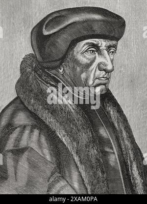 Erasmus (c. 1466-1536). Théologien, philosophe et humaniste néerlandais. Portrait. Gravure. Sciences & lettres au moyen Age et a l'epoque de la Renaissance. Paris, 1877. Banque D'Images