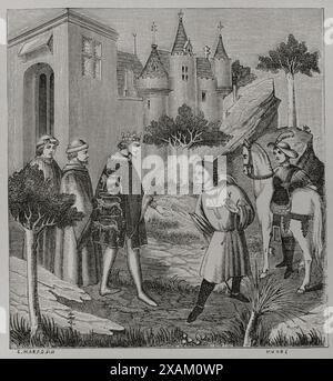 John de Mandeville, célèbre personnage fictif du livre 'les voyages de Sir John Mandeville' (les voyages de Mandeville), écrit entre 1357 et 1371. Il s'agit d'un gentleman anglais qui a parcouru le monde pendant trente-quatre ans, racontant tout ce qui s'est passé. Jean de Mandeville prenant congé du roi Édouard III (1312-1377) avant son départ pour 'Beyond the Seas'. Dessin de C. Maradan. Gravure par Huyot. D'après une miniature du XVe siècle. Sciences & lettres au moyen Age et a l'epoque de la Renaissance. Paris, 1877. Banque D'Images