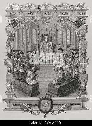 Charles III de Bourbon (1490-1527). Noble et chef militaire français. Procès du constable de Bourbon devant la cour des pairs de France, 1523. Gravure du XIXe siècle d'après 'la monarchie Françoise', par Bernard de Montfaucon (1655-1741). Publié à Paris, 1729. « Moeurs, usages et costumes au moyen-age et a l'epoque de la Renaissance », de Paul Lacroix. Paris, 1878. Banque D'Images