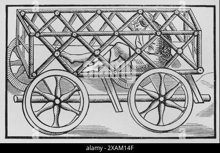 Torture médiévale. Cage de fer mobile. Gravure d'après une gravure sur bois dans 'Cosmographia universalis' de Sebastian Munster, publiée à Bâle en 1552. « Moeurs, usages et costumes au moyen-age et a l'epoque de la Renaissance », de Paul Lacroix. Paris, 1878. Banque D'Images