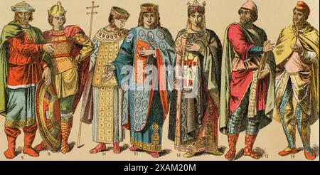 Byzantins, 1000-1200. De gauche à droite : 8-9 : guerriers, 10 : robe royale, 11 : impératrice, 12 : robe royale pour femmes, avec étole, tunique et manteau, 13-14 : robe pour hommes. Casquette phrygienne. Chromolithographie. Historia Universal, de Cesar Canto. Volume V, 1884. Banque D'Images