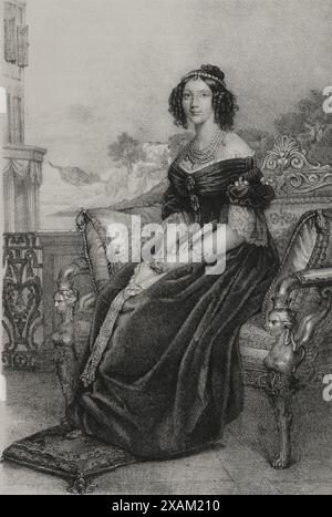 Marie-Anne de Bavière (1805-1877). Reine consort de Saxe (1836-1854) par son mariage avec le roi Frédéric-Auguste II de Saxe (1797-1854). Portrait. Dessin de I. Brochelon. Lithographie de J.J. Martinez. 'Reyes Contemporaneos' (Rois contemporains). Volume II. publié à Madrid, 1852. Banque D'Images