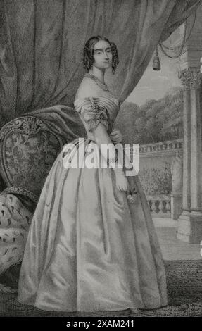 Mathilde Karoline de Bavière (1813-1862) Fille du roi Louis Ier de Bavière. Grande-duchesse consort de Hesse et par le Rhin par son mariage avec le grand-duc Louis III (1806-1877). Dessin de C. Legrand. Lithographie de J. Donon. 'Reyes Contemporaneos' (Rois contemporains). Volume II. publié à Madrid, 1852. Banque D'Images