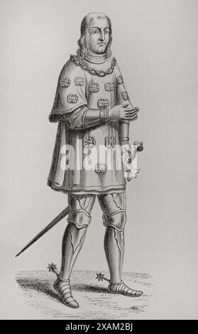 Louis de Mallet (Louis Malet de Graville) (1438-1516). Seigneur de Graville et amiral de France. Portrait en costume de guerre et tournoi. Fac-similé d'une gravure du XVIe siècle. « Moeurs, usages et costumes au moyen-age et a l'epoque de la Renaissance », de Paul Lacroix. Paris, 1878. Banque D'Images