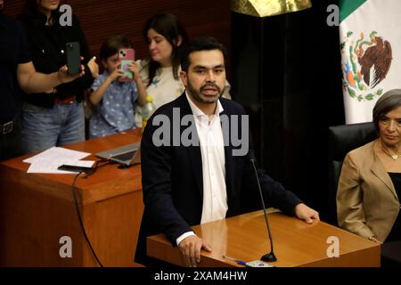 Mexico, Mexique. 06 juin 2024. Ex-candidat à la présidence du Mexique du parti mouvement citoyen, Jorge Alvarez Maynez, prenant la parole lors du rapport de travail de la sénatrice Laura Ballesteros au Sénat du Mexique. Le 6 juin 2024 à Mexico, Mexique. (Photo de Luis Barron/Eyepix Group/Sipa USA) crédit : Sipa USA/Alamy Live News Banque D'Images