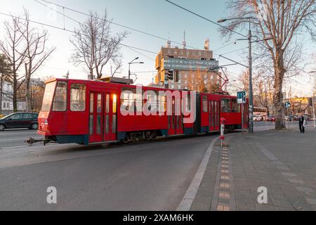 Belgrade, Serbie - 8 février 2024 : le système de tramway de Belgrade est un réseau à écartement de 1000 mm qui, en 2021, comptait 12 itinéraires sur 43,5 kilomètres de voie en B. Banque D'Images