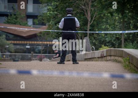 Londres, Royaume-Uni. 7 juin 2024. La police et les équipes médico-légales restent sur une scène de crime après que Robert Robinson, 21 ans, ait été poignardé et tué à Deptford, au sud-est de Londres, jeudi 6. La police a été appelée à Carteret Way à Deptford SE8 vers 22 :35 jeudi soir pour signaler un coup de couteau. Mais malgré les efforts de la police et des ambulanciers paramédicaux, Robinson a été déclaré mort sur les lieux. Le 11 février 2026, Jackson Uwagboe, 19 ans, de Lewisham, a été reconnu coupable du meurtre de Robinson, dans une attaque « brutale et soutenue ». Crédit : Guy Corbishley/Alamy Live News Banque D'Images