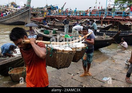 7 juin 2024, Cox's Bazar, Chittagong, Bangladesh : les pêcheurs déchargent différents types de poissons de bateaux à Fishery Ghat, Cox's Bazar, Bangladesh. Les bateaux vont à la mer tous les minuit pour attraper du poisson. Le matin, le ghat est en vie d'activité, rempli de la nouvelle récolte du jour prête à être distribuée. Fishery Ghat, le plus grand marché aux poissons du bazar de cox, est l'un des principaux hubs ''Hilsa'' du pays. Pour les pêcheurs, les vendeurs et les moyens de subsistance liés au poisson, Fishery Ghat est un centre de bonheur et d’espoir. Lorsque cet endroit affiche des réserves abondantes, le bonheur rayonne des visages du peop Banque D'Images