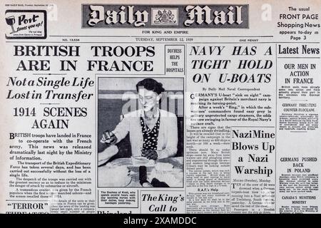 Première page du Daily mail (réplique) 4 septembre 1939, sur le déclenchement de la seconde Guerre mondiale. Banque D'Images