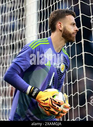 Le gardien de but écossais Angus Gunn lors d'un amical international à Hampden Park, Glasgow. Date de la photo : vendredi 7 juin 2024. Banque D'Images