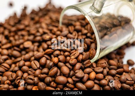 Une vue rapprochée de grains de café fraîchement torréfiés qui se renversent d'une tasse en verre, évoquant la chaleur et la joie des rituels matinaux. Banque D'Images