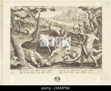 Venationes ferarum, avium, piscium (chasse aux animaux sauvages, oiseaux et poissons). Planche 29. Chasse aux licornes, 1596. Banque D'Images