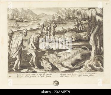 Venationes ferarum, avium, piscium (chasse aux animaux sauvages, oiseaux et poissons). Planche 46 : crocodiles décapitants, 1596. Banque D'Images