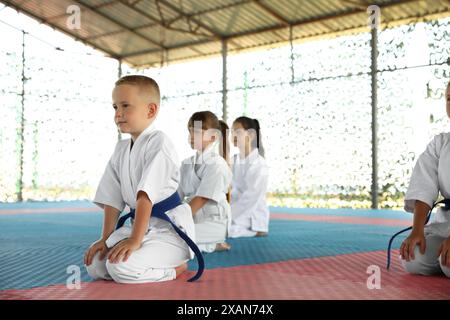 Enfants dans un kimono assis sur le tatami à l'extérieur. Pratique de karaté Banque D'Images