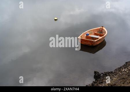 Bateau de rangée sur le lac calme calme avec la réflexion du bateau sur l'eau Banque D'Images