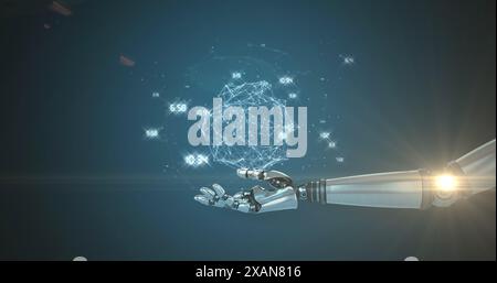 Réseau de connexions sur la main robotique contre la tache de lumière et copier l'espace sur fond bleu Banque D'Images