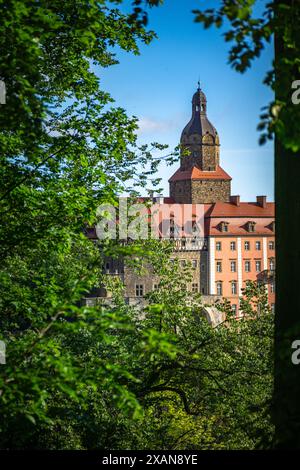 Wałbrzych, pologne - 6 juin 2024 : Détails du château de Ksiaz niché dans une forêt luxuriante. Le château de Ksiaz est un château situé à Walbrzych, en Pologne. Banque D'Images