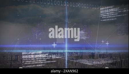 Image du réseau de connexions et scanner de code qr contre vue aérienne du paysage urbain Banque D'Images