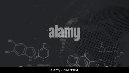 Image de structures moléculaires, langage informatique sur des points sur le globe sur fond abstrait Banque D'Images