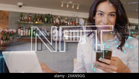 Image des nombres de brins d'adn et des équations mathématiques sur un écolier utilisant un casque vr Banque D'Images