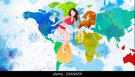 Image d'une femme de dessin animé surfant sur la carte du monde sur fond blanc avec des taches bleues Banque D'Images