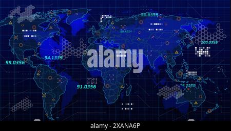 Image du traitement des données sur la carte du monde sur fond noir Banque D'Images
