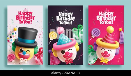 Joyeux anniversaire voeux vecteur poster design. Texte de voeux d'anniversaire avec forme de ballons de clown et éléments colorés gonflables de boîte-cadeau Illustration de Vecteur