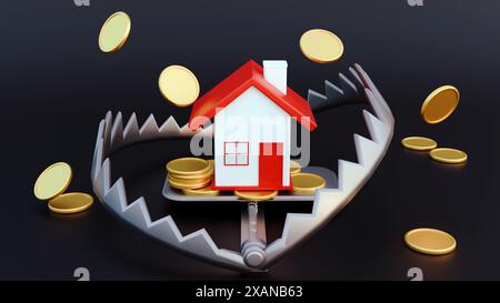 rendu 3d d'une maison isolée sur le dessus d'un piège avec pile de pièces d'or suggérant le risque dans l'immobilier dans le fond noir Banque D'Images
