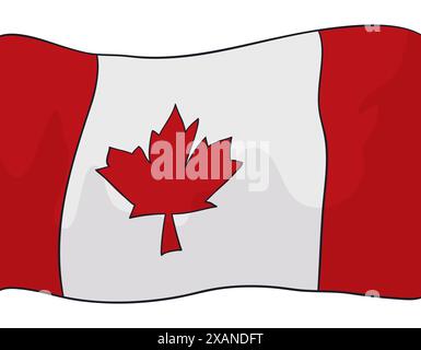 Drapeau canadien isolé avec des couleurs rouge et blanche, feuille d'érable et effet ondulé dans le style de dessin animé. Illustration de Vecteur