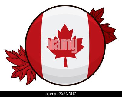 Bouton brillant avec le drapeau canadien à l'intérieur et feuilles d'érable rouges dans le style de dessin animé. Illustration de Vecteur