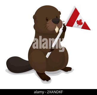 Mignon castor debout et tenant un fanion patriotique avec le design du Canada. Illustration de Vecteur