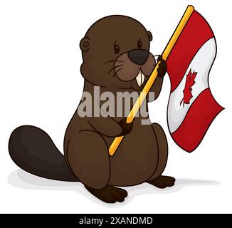 Castor debout et tenant un drapeau du Canada avec un mât de drapeau doré. Conception dans le style de dessin animé. Illustration de Vecteur