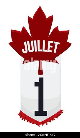 Bannière commémorative décorée d'une feuille d'érable rouge géante comme calendrier pour célébrer le jour de l'indépendance du Canada le 1er juillet. Illustration de Vecteur