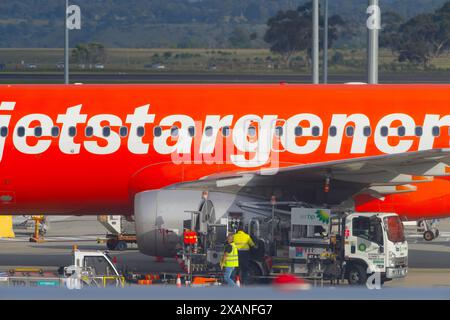 Jetstar Airways 10th anniversaire Red Livery et Airbus a320 NEO Jetstar Generation à l'aéroport de Tullamarine, Melbourne, Australie. Banque D'Images