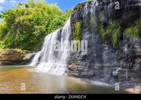 Paysage de la cascade de Talofofo avec la jungle et le ciel bleu en arrière-plan, Inarajan, Guam, Micronésie, territoire américain, océan Pacifique central. Banque D'Images