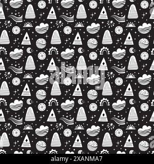 Modèle vectoriel d'art folklorique néo sans couture avec montagnes, lune et fleurs, design floral noir et blanc. Fond sans fin de style folklorique Neo parfait pour Illustration de Vecteur