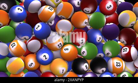 Une vue rapprochée d'un tas chaotique de boules de billard, chacune d'une couleur vibrante et numérotée, créant une image dynamique et visuellement attrayante. Banque D'Images