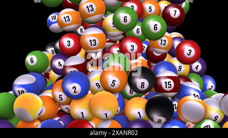 Une image vibrante avec une cascade de boules de billard, chacune avec son numéro et sa couleur uniques, sur un fond sombre. Banque D'Images