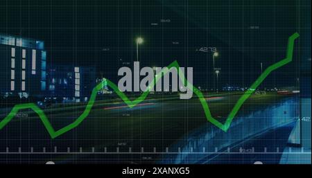 Image d'un graphique linéaire avec les chiffres changeants au fil du temps des véhicules se déplaçant sur le pont la nuit Banque D'Images