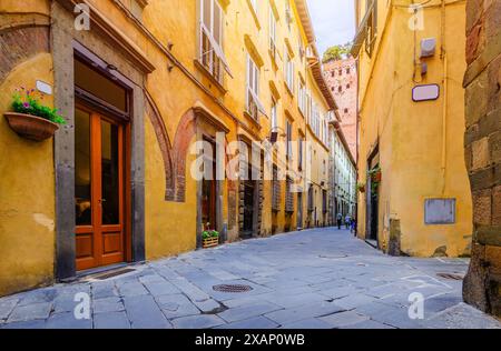 Lucques, Toscane, Italie. Rue dans la vieille ville et Guinigi Tour. Banque D'Images