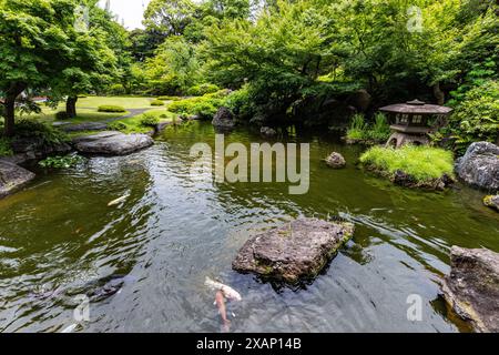 International House Garden a été désigné par le célèbre architecte paysagiste Ogawa Jihei en 1929 pour un manoir qui occupait la propriété avant la co Banque D'Images