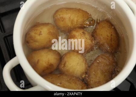 Faire bouillir les jeunes pommes de terre dans la casserole sur la cuisinière Banque D'Images