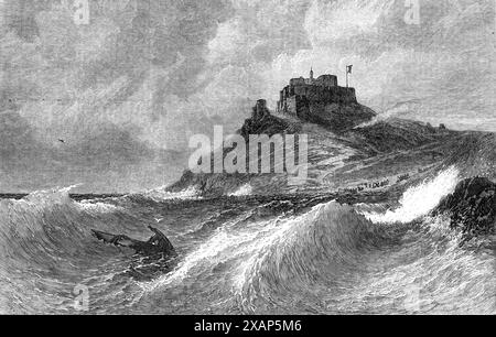 "A Fresh Gale - Mount orgueil, Jersey", par E. Hayes, dans l'exposition de la Society of British Artists, Suffolk-Street, 1869. 'L'artiste dont nous gravons l'image, Mr. E. Hayes, est un peintre marin d'une capacité très considérable et bien connue. Nous cherchons donc d’abord les effets marins dans une de ses œuvres. En conséquence, nous avons ici une représentation forcée de la mer après une tempête récente, dont la fureur peut être mesurée par la magnitude de la "houle" qui roule, aggravée par le contrôle des bas-fonds, dans les énormes vagues se brisant le long des rochers du premier plan et de la dista Banque D'Images